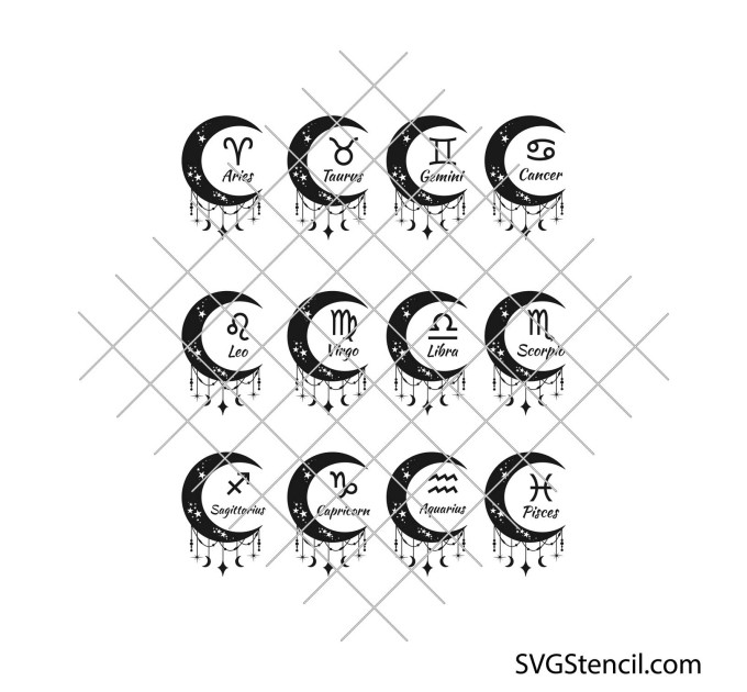 Zodiac moon signs svg | Horoscope svg bundle