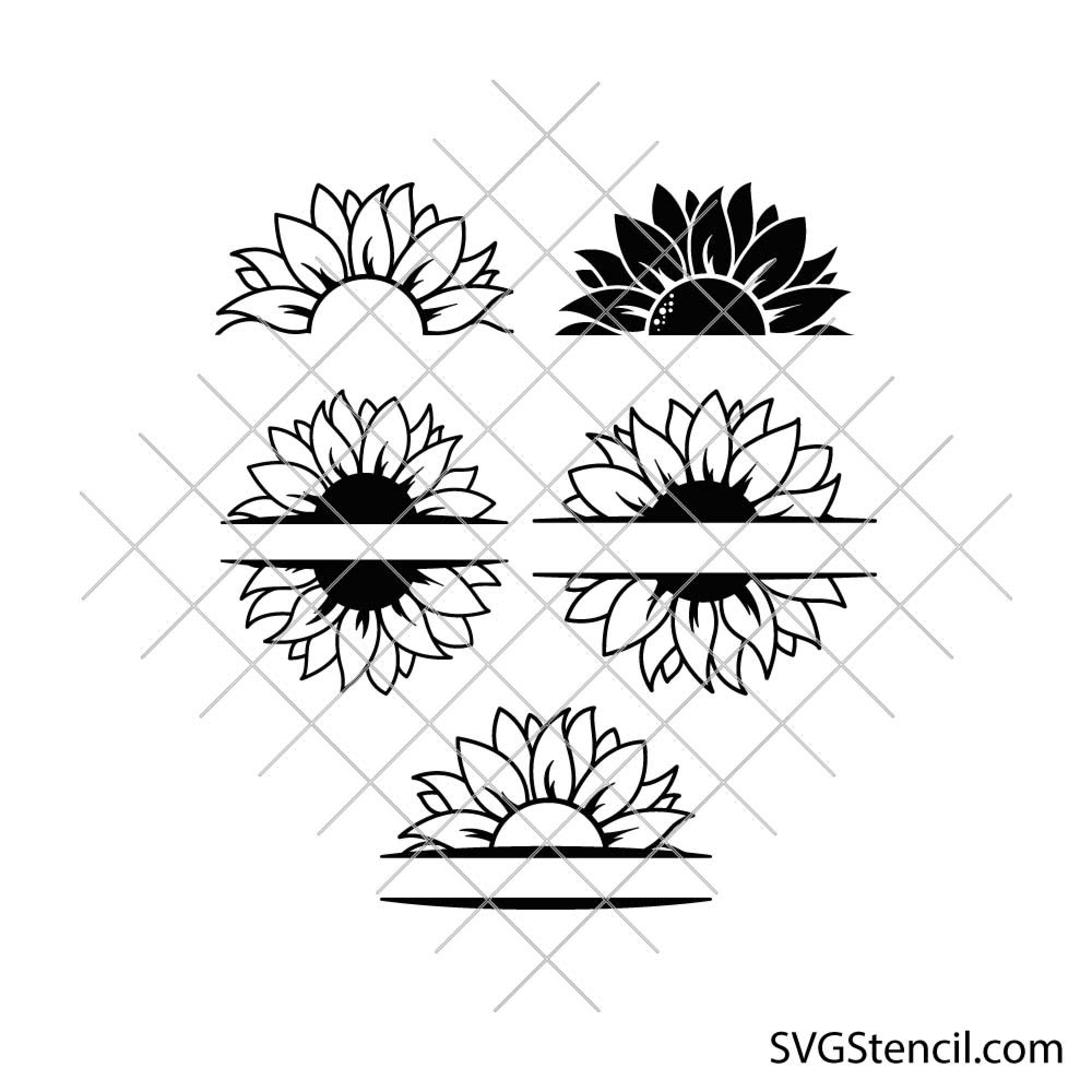 Half sunflower svg | Split sunflower svg | Sunflower monogram svg, image size:2000x2000