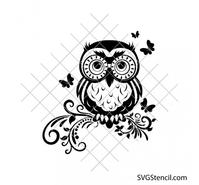 Cute owl on a branch svg | Bird svg drawing