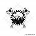 Saw blade with mountain landscape and firefighters axe svg