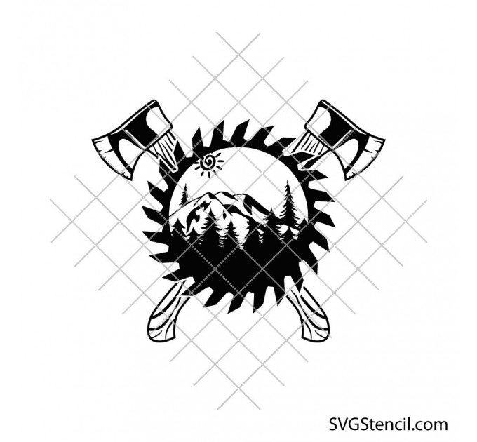 Saw blade with mountain landscape and firefighters axe svg