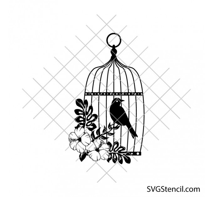 Bird in cage with flowers svg | Floral vintage clipart | Botanical svg