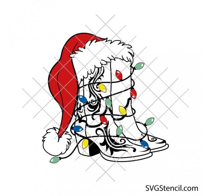 Cowboy boots Christmas svg | Western Santa hat lights cut file for cricut