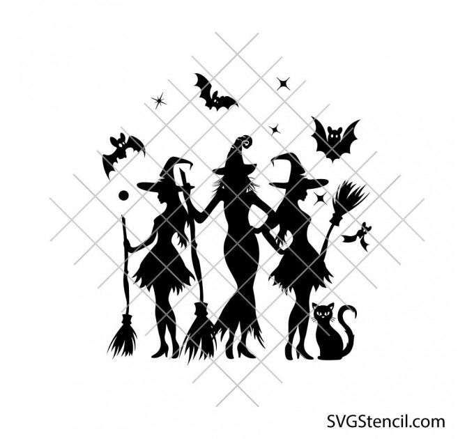 Witches silhouette svg | Halloween witch trio cut file | Witch with broomstick svg