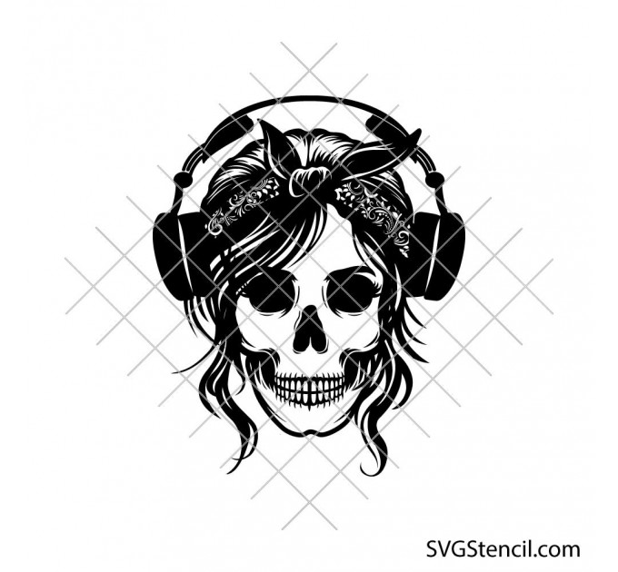 Skull with headphones svg | Rock music skull bandana cut file | Gothic cricut design