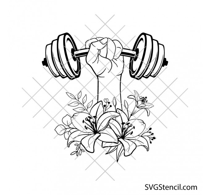 Strong woman with dumbbell and flowers svg | Fitness motivation cut file | Gym cricut design