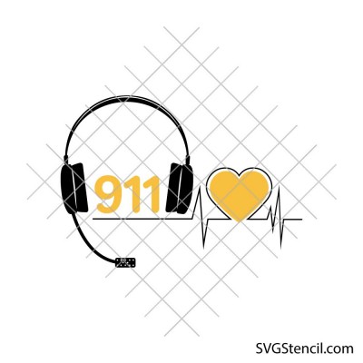 911 Dispatcher Heartbeat svg | Emergency call operator headset | First responder love cut file