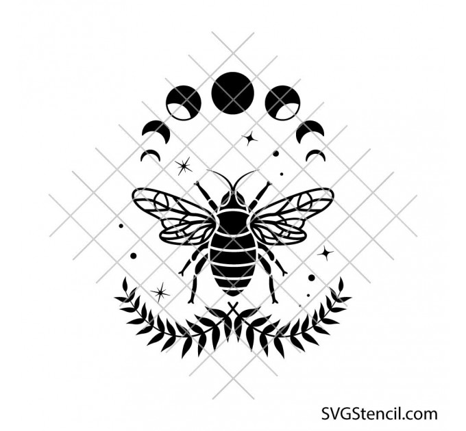 Celestial bee svg | Moon phases bee svg | Mystical insect svg | Botanical bee Silhouette | Cricut cut file