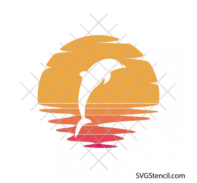 Dolphin sunset svg | Ocean animal silhouette | Retro beach wall art cut file