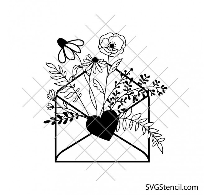 Floral love letter svg | Envelope with heart and flowers svg | Romantic mail svg