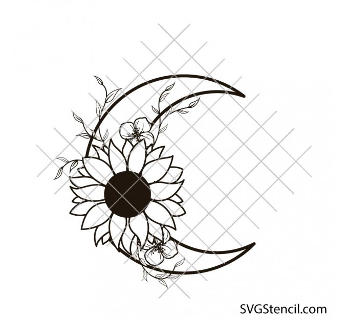 Floral crescent moon svg | Sunflower moon line art | Botanical moon svg | Boho floral cut file | Cricut silhouette design