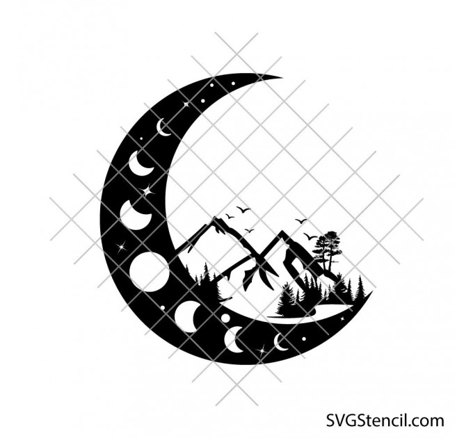 Moon phases mountain svg | Crescent moon landscape svg | Celestial nature art | Night sky svg | Cricut Cut File