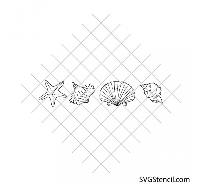 Seashell line art svg bundle | Starfish shell outline | Coastal beach cut file