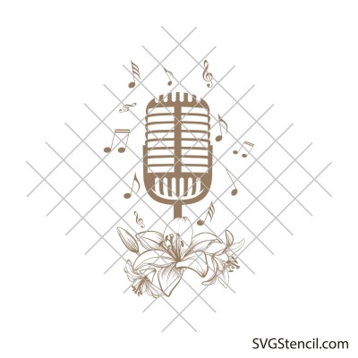Microphone with lillys and music notes svg